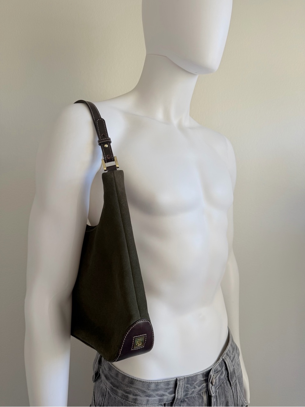Lauren Ralph Lauren Olive Suede Shoulder Bag with Brown Straps